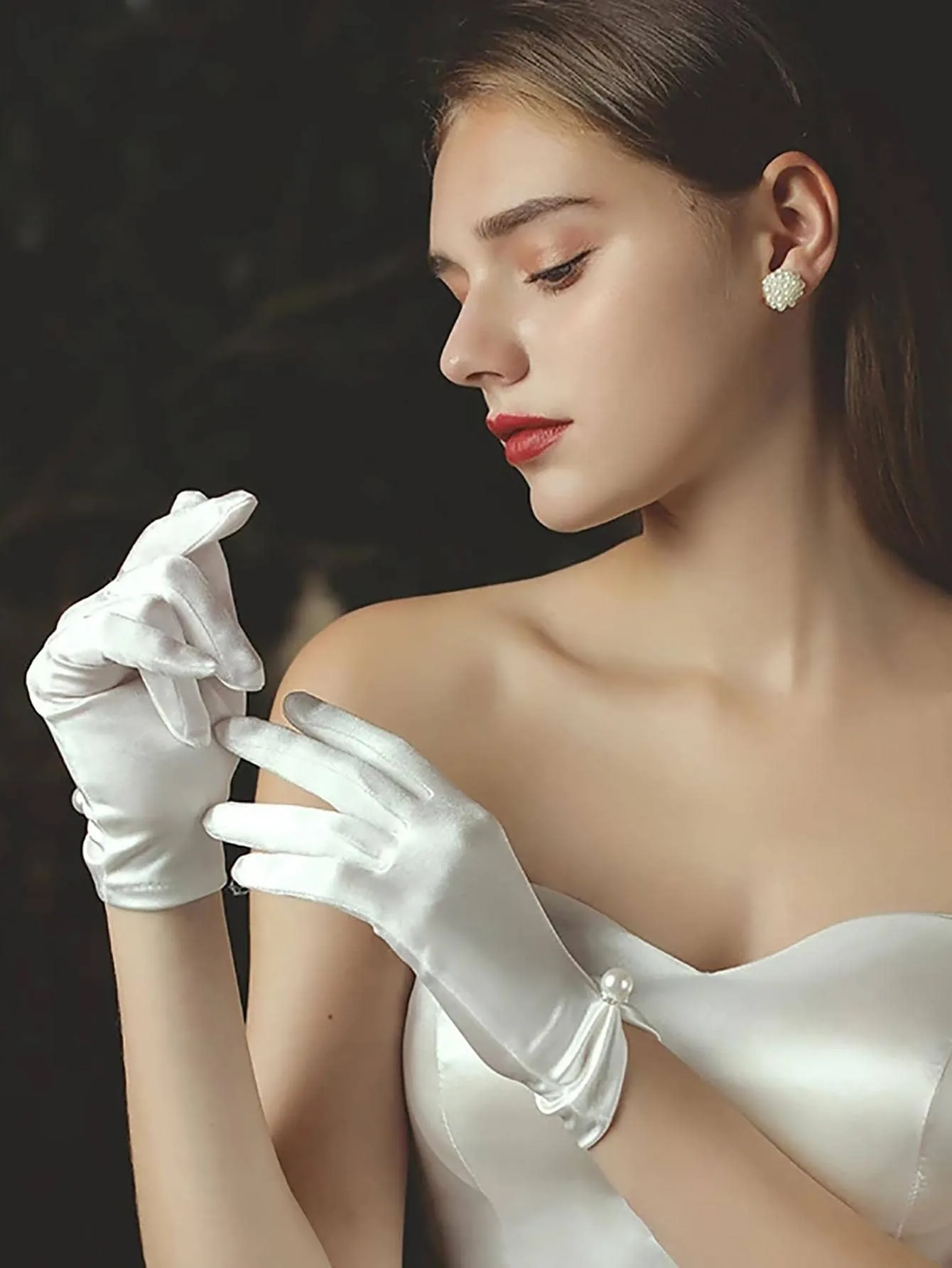 1pair Women Faux Pearl Decor Elegant Bridal Gloves, For Wedding