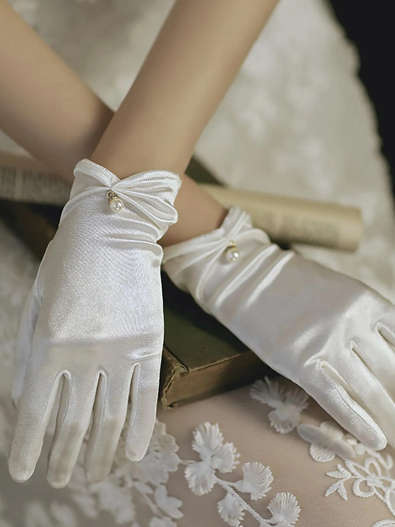 1pair Women Faux Pearl Decor Elegant Bridal Gloves, For Wedding