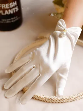 1pair Women Faux Pearl Decor Elegant Bridal Gloves, For Wedding