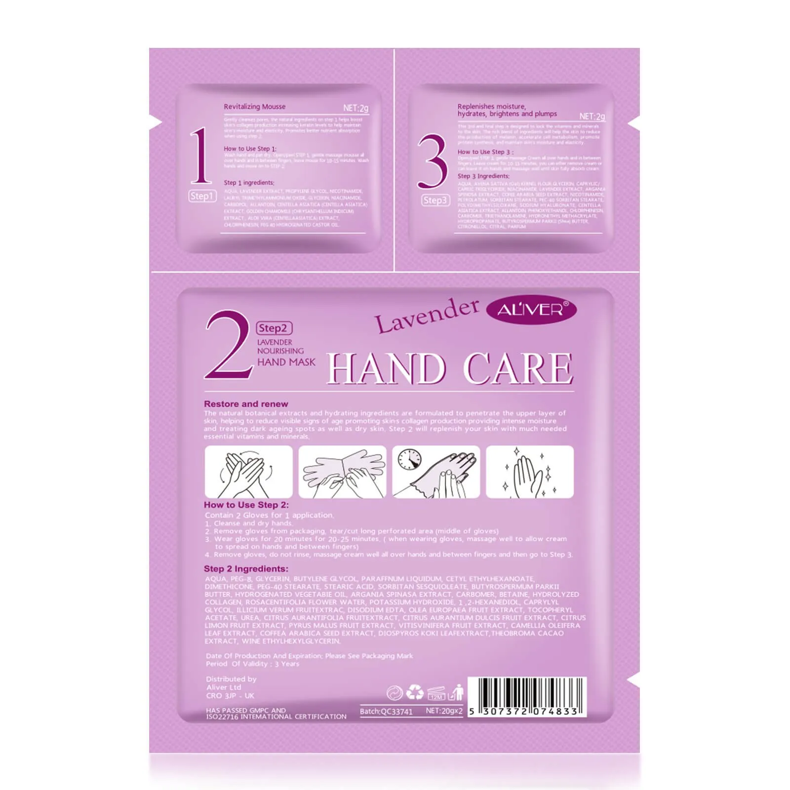 Aliver 3-in-1  Lavendar Moisturising Hand Mask 3 Pcs/ Set