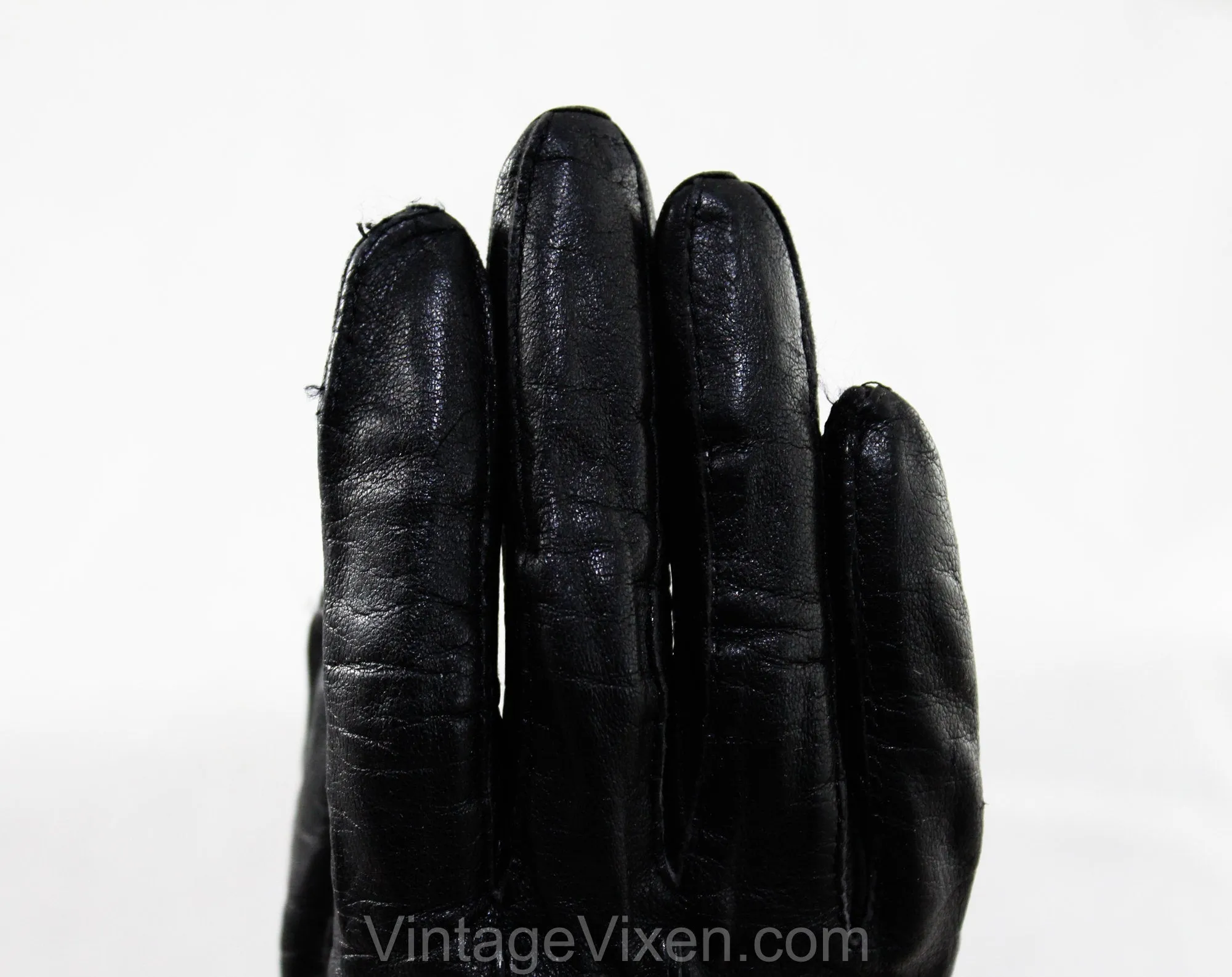Black Leather Gloves - Size 7 Antique Style Wrist Length Gloves - Pair 1950s Gloves - 50's Classic Ladies Accessories - Stitched Points
