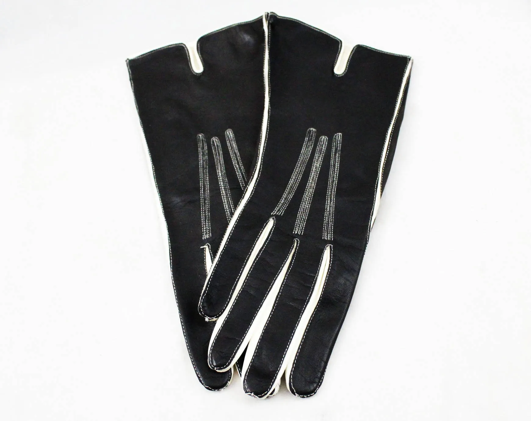Black Leather Gloves with White Trim - Size 6 Sophisticated Wrist Length Kid Gloves - Pair 1950s Gloves - Chic 50's Accessories - 47978