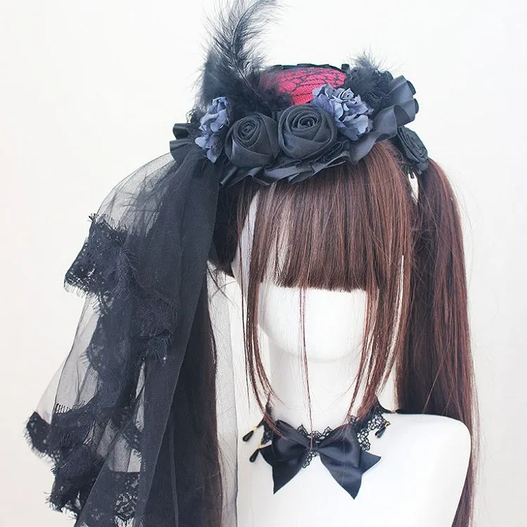 Black Rosette Feather Lace Trim  Hat With Veil