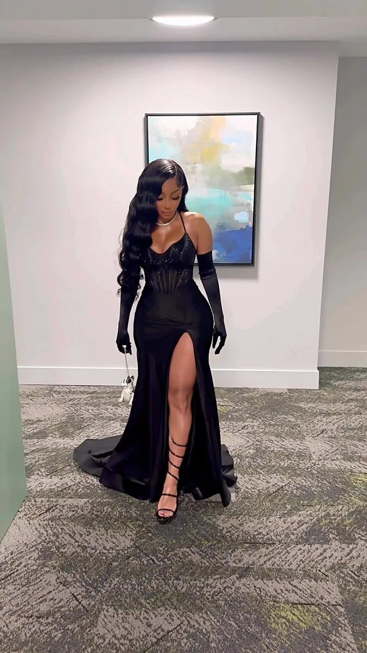Black Sexy Evening Party Dress Long Prom Dress Charming Formal Dress With Slit No With Gloves