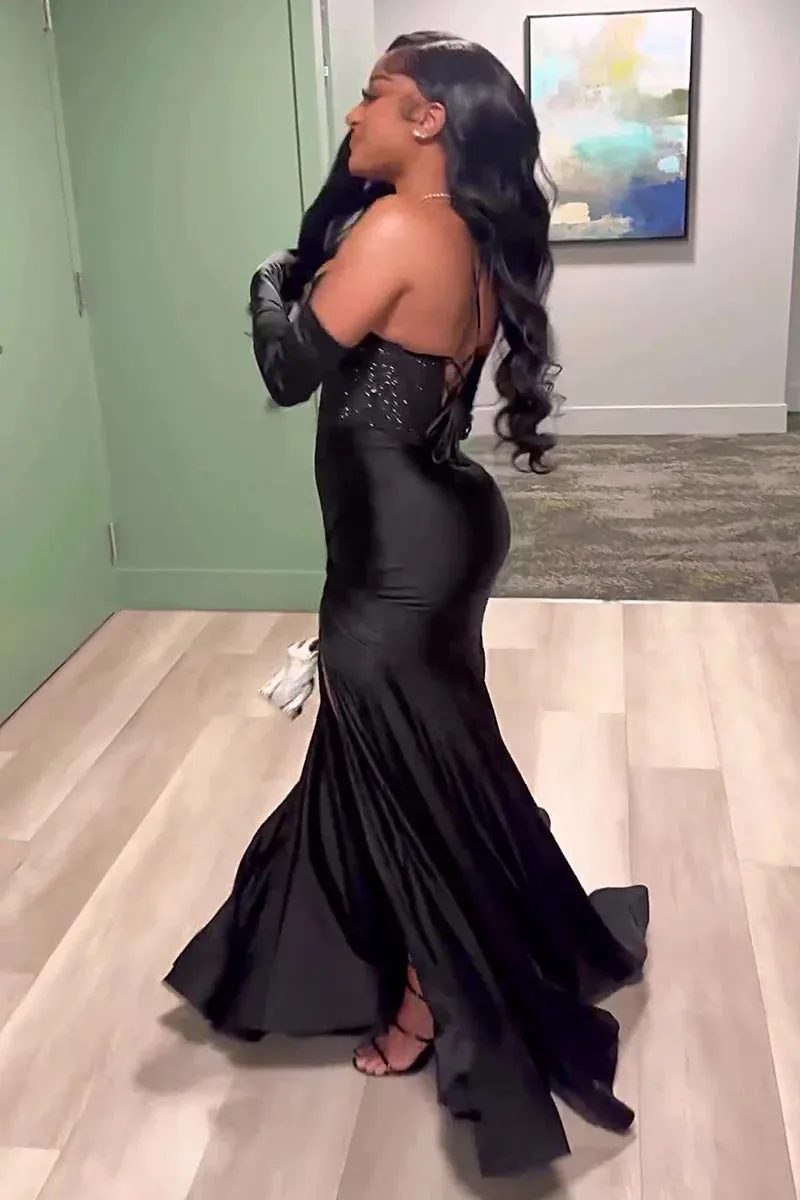 Black Sexy Evening Party Dress Long Prom Dress Charming Formal Dress With Slit No With Gloves