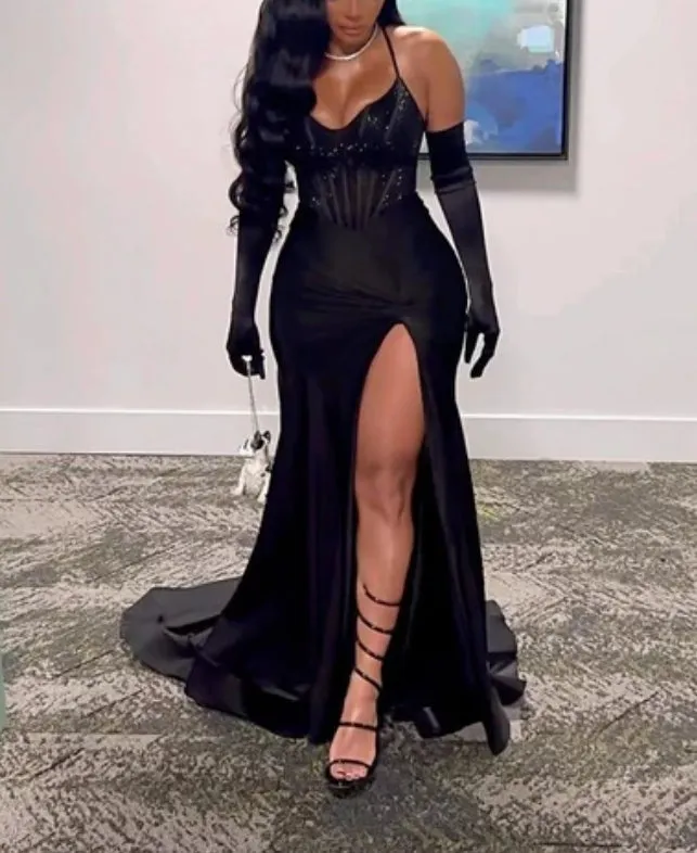 Black Sexy Evening Party Dress Long Prom Dress Charming Formal Dress With Slit No With Gloves