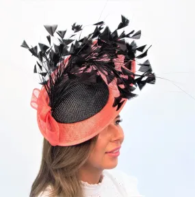 Coral & Black Feather Disc Fascinator
