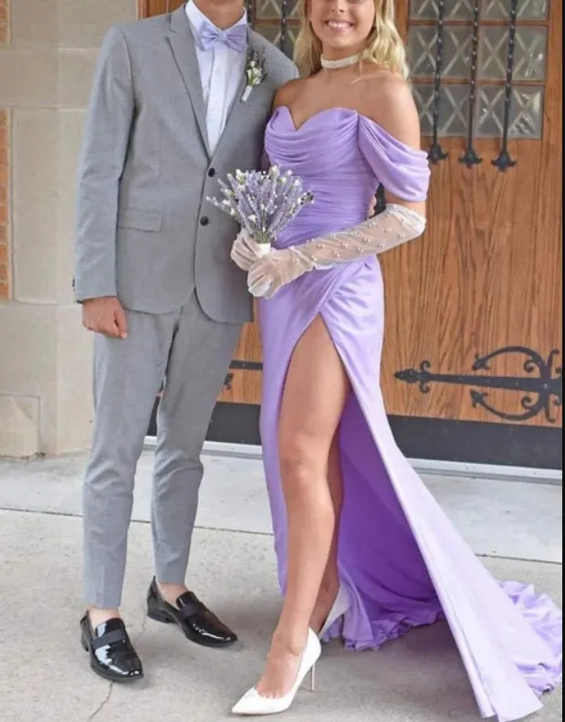 Lavender Off the Shoulder Satin Long Formal Prom Dress Elegant Evening Dress No With Gloves