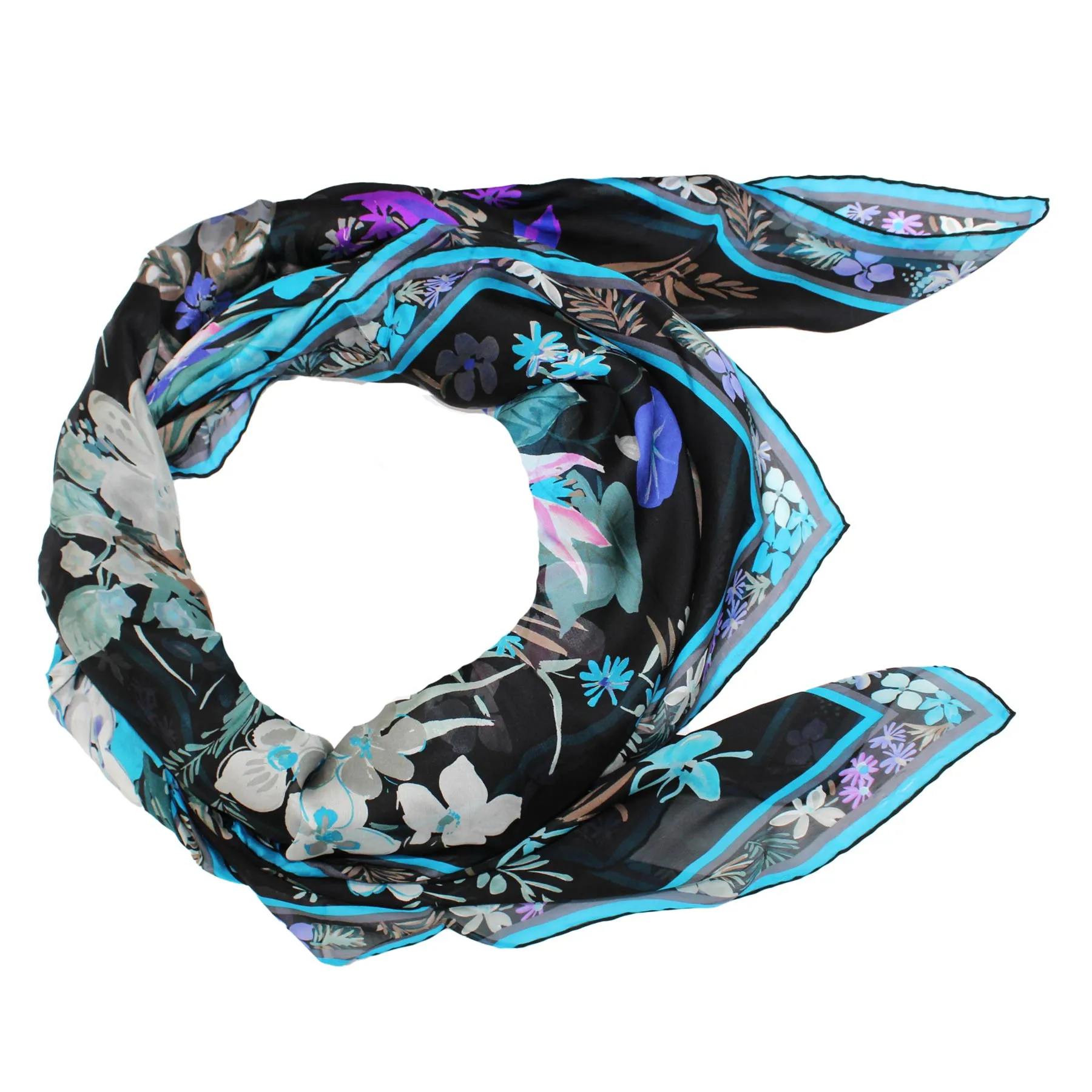 Leonard Paris Scarf Black Aqua Purple Floral - Large Square Chiffon Silk Wrap SALE