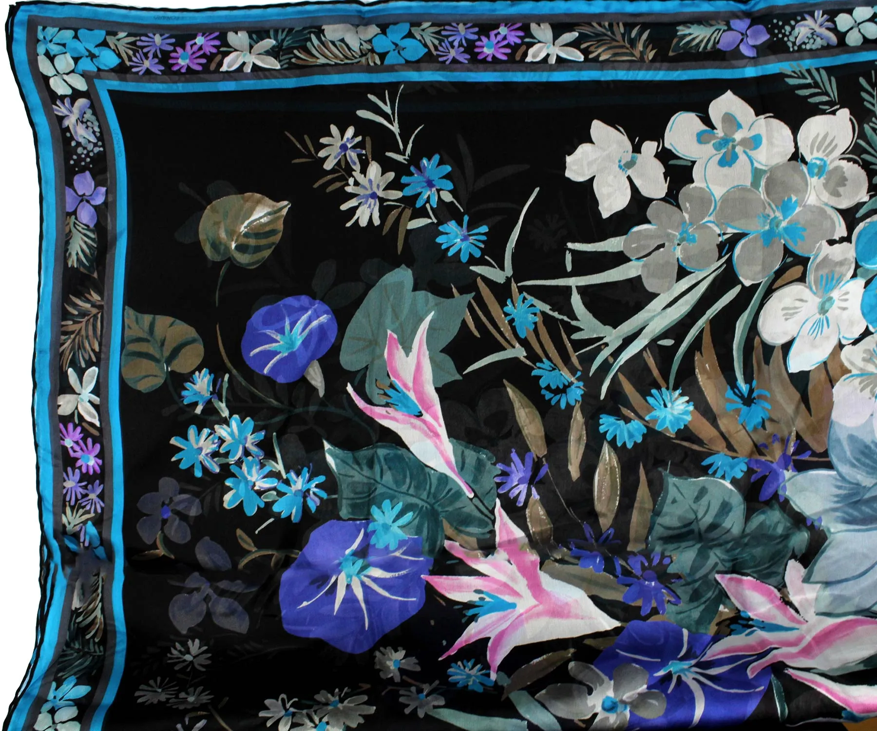 Leonard Paris Scarf Black Aqua Purple Floral - Large Square Chiffon Silk Wrap SALE