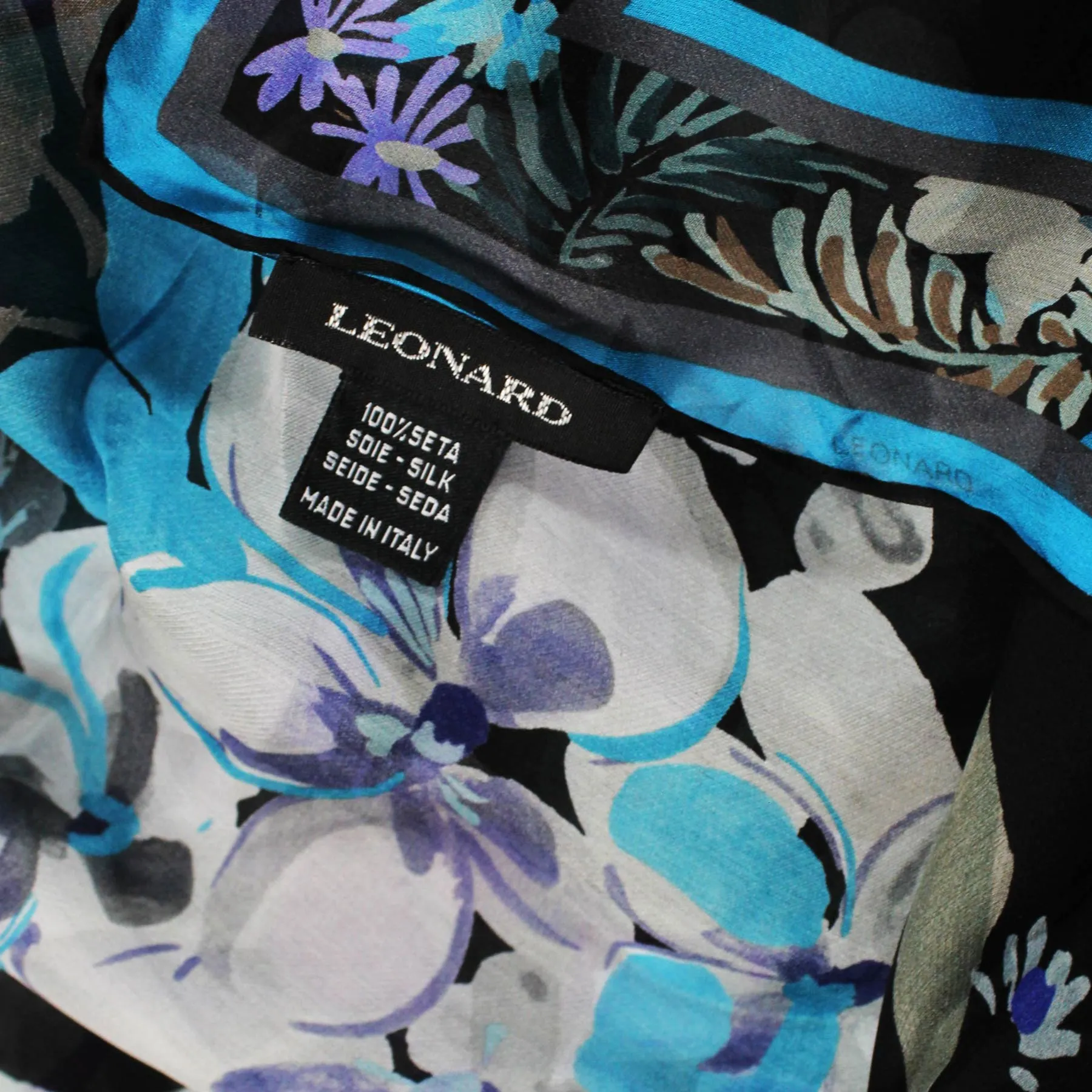 Leonard Paris Scarf Black Aqua Purple Floral - Large Square Chiffon Silk Wrap SALE