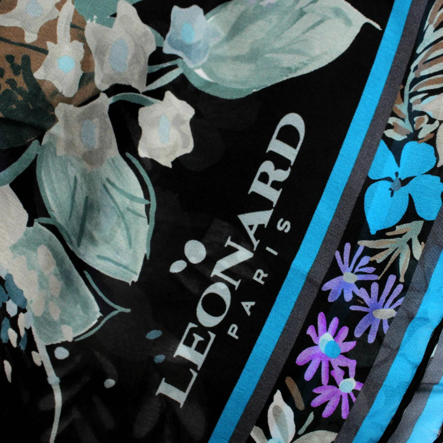 Leonard Paris Scarf Black Aqua Purple Floral - Large Square Chiffon Silk Wrap SALE