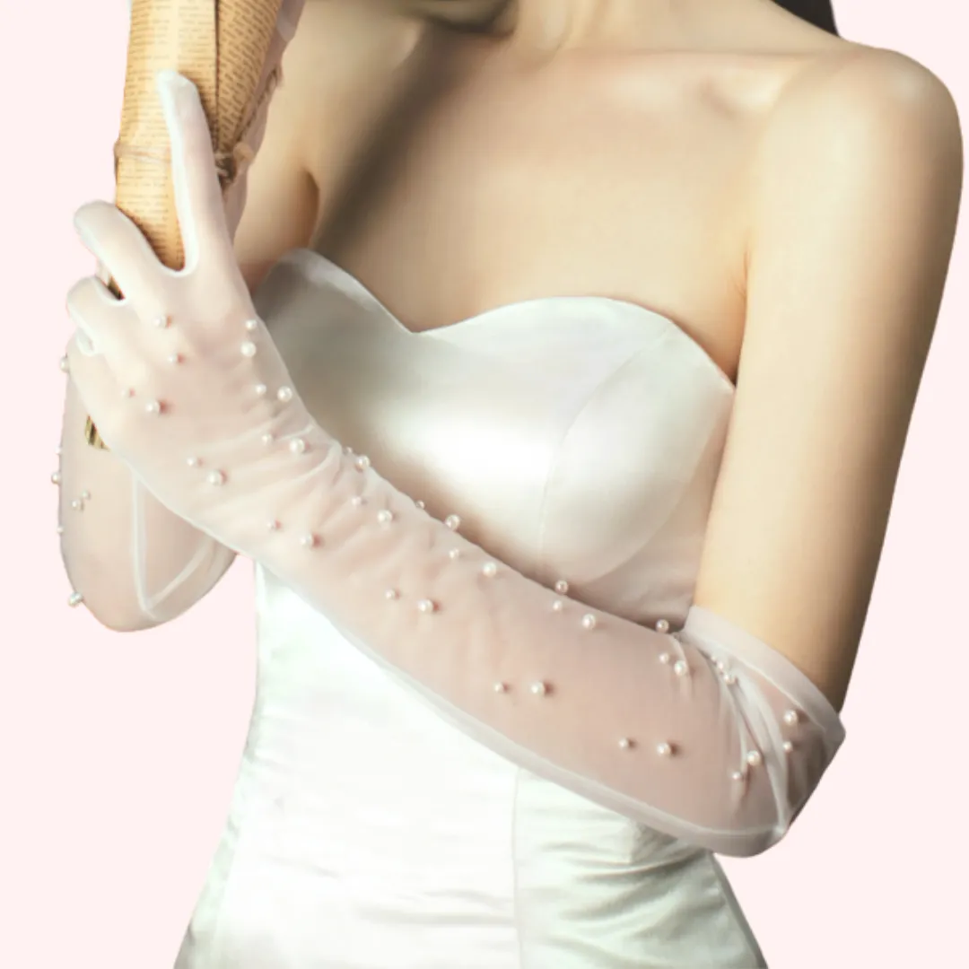 Long Tulle Nylon Wedding Gloves with High Quality Pearls