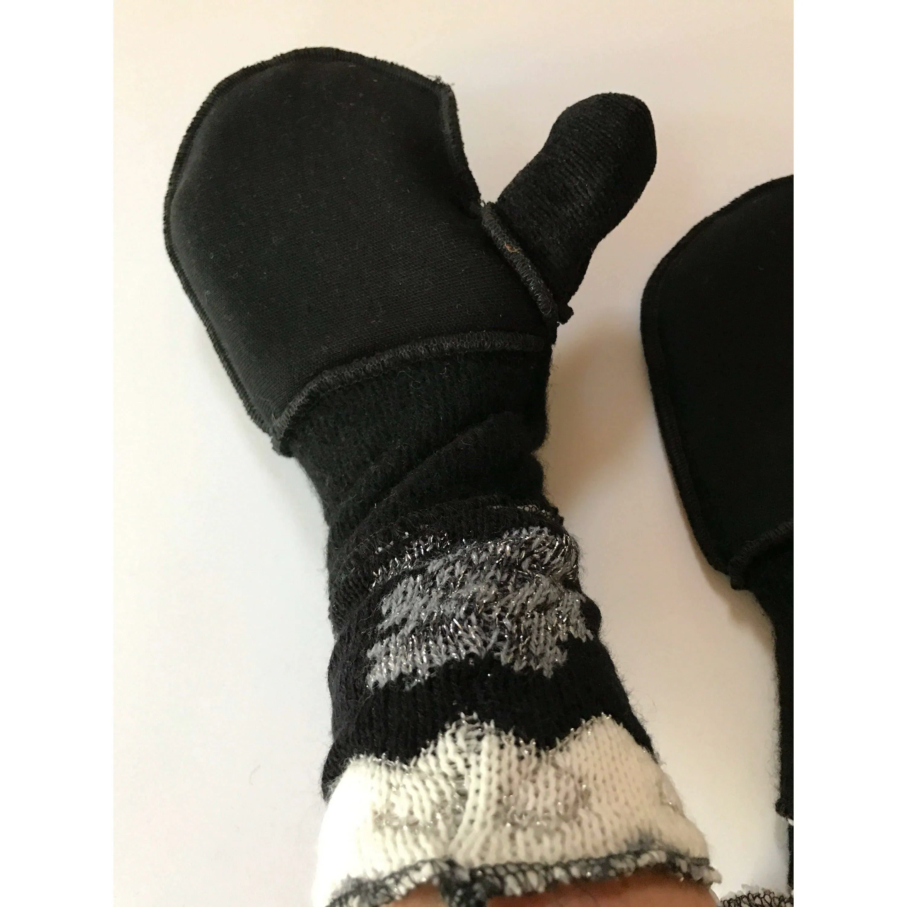 New and Upcycled Recycled Lined sweater mitten gloves in black n silver accents with thumb guards