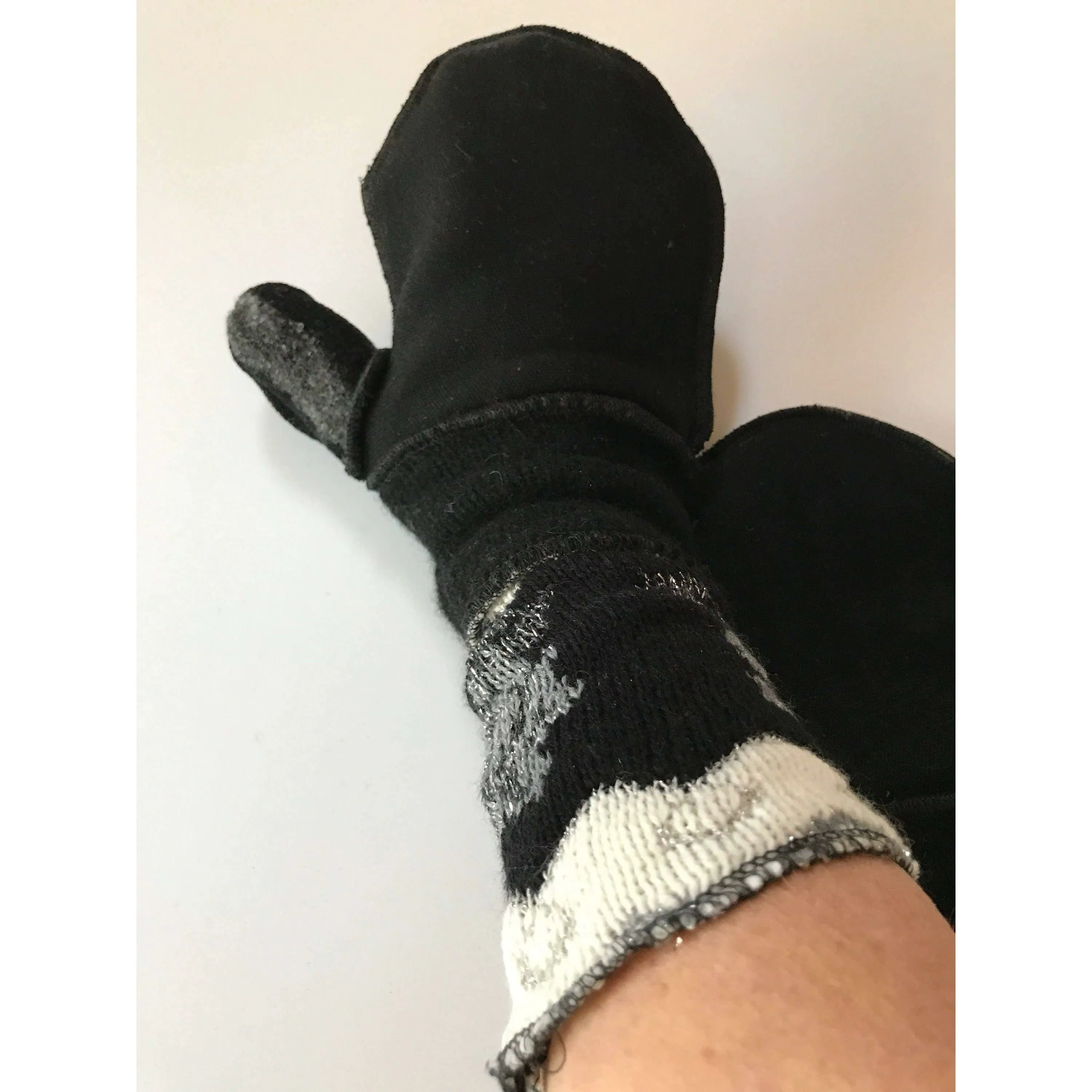 New and Upcycled Recycled Lined sweater mitten gloves in black n silver accents with thumb guards