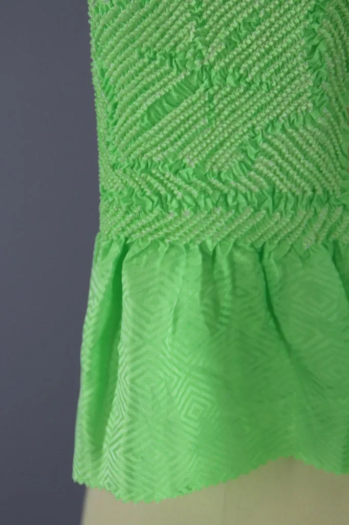 Vintage 1960s Silk Scarf / Silk Kimono Obiage / Bright Green