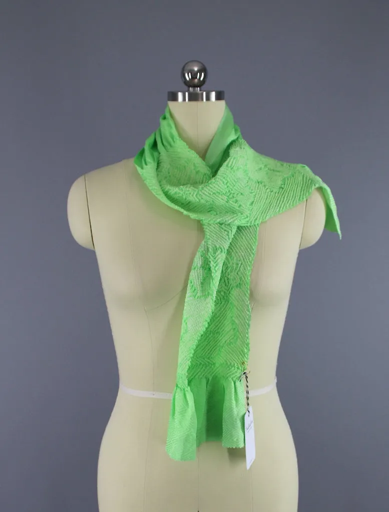 Vintage 1960s Silk Scarf / Silk Kimono Obiage / Bright Green