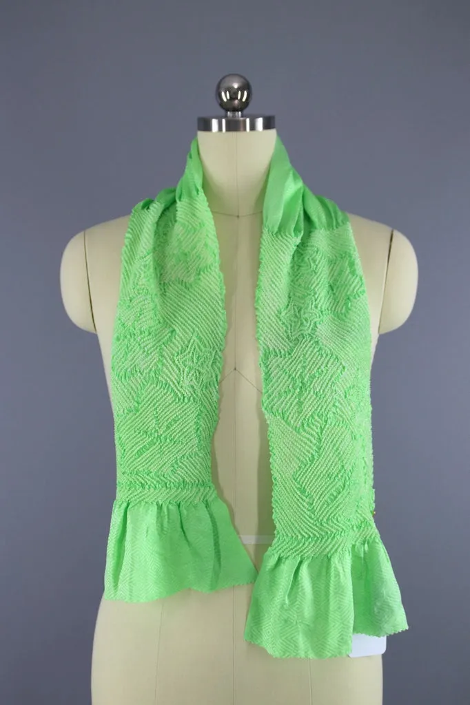 Vintage 1960s Silk Scarf / Silk Kimono Obiage / Bright Green