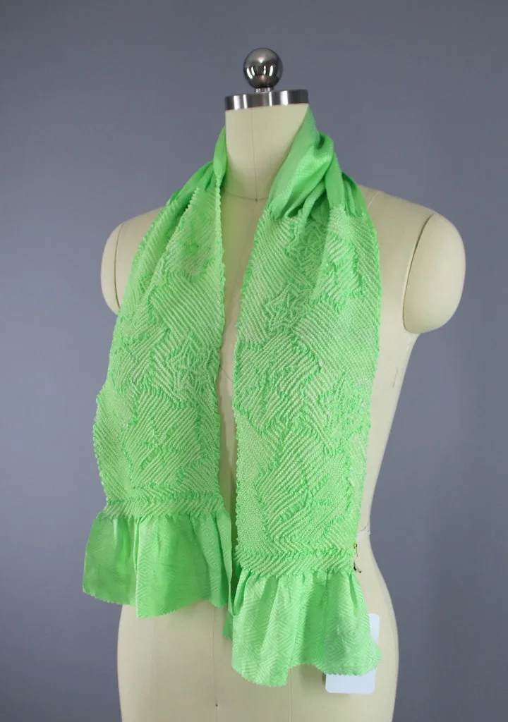 Vintage 1960s Silk Scarf / Silk Kimono Obiage / Bright Green